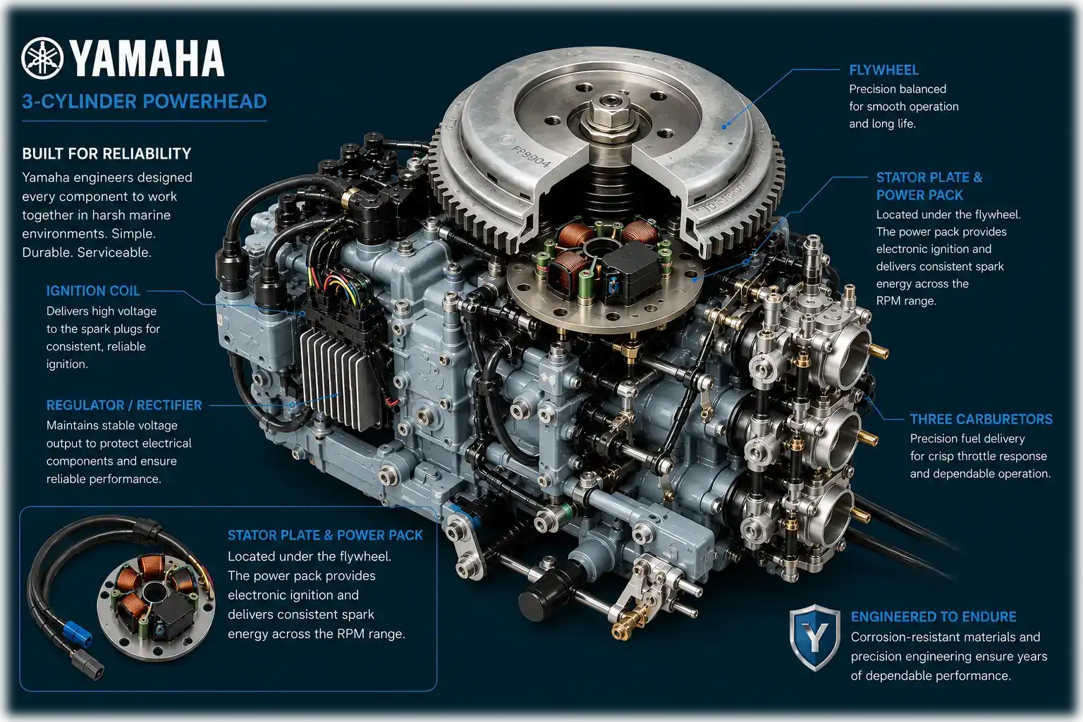 Yamaha outboard flywheel, stator plate and charging system cutaway